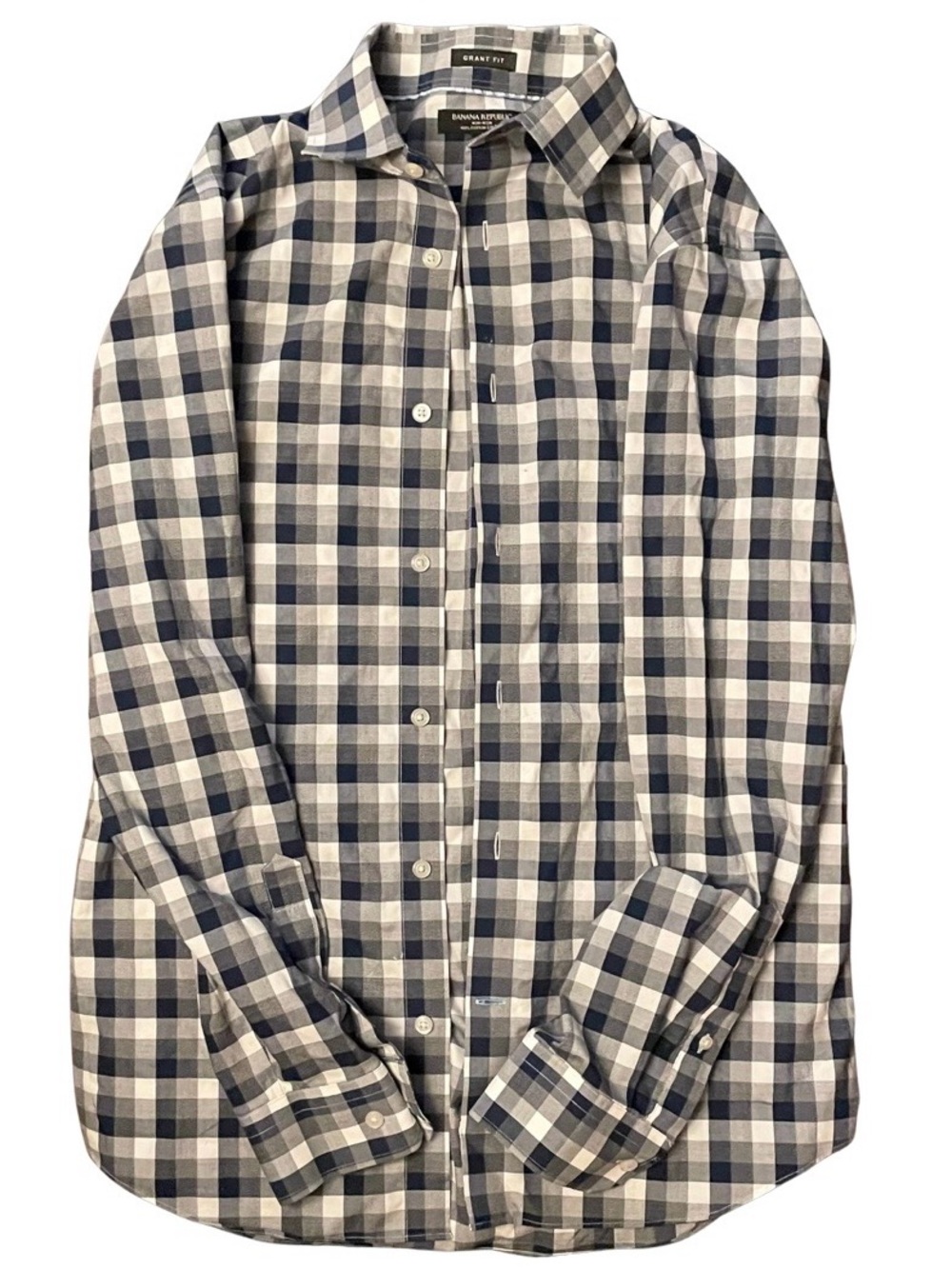 Banana Republic 100% Cotton Men's Blue Grey Plaid Button Down Long Sleeve Shirt